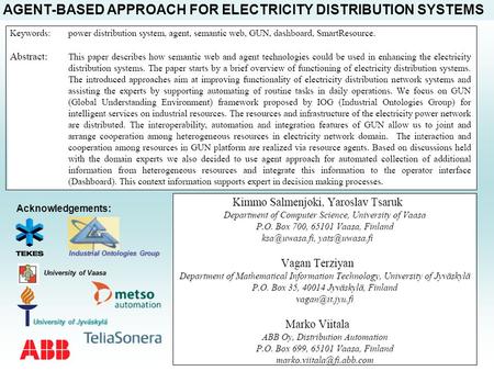 AGENT-BASED APPROACH FOR ELECTRICITY DISTRIBUTION SYSTEMS University of Jyväskylä University of Vaasa Acknowledgements: Industrial Ontologies Group.