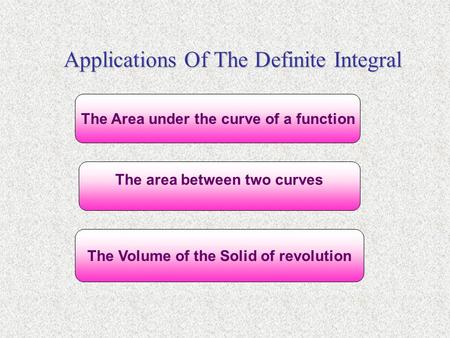 Applications Of The Definite Integral The Area under the curve of a function The area between two curves The Volume of the Solid of revolution.