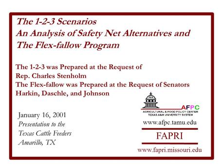 The 1-2-3 Scenarios An Analysis of Safety Net Alternatives and The Flex-fallow Program The 1-2-3 was Prepared at the Request of Rep. Charles Stenholm The.