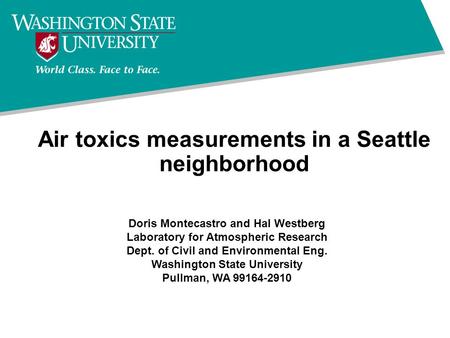 Air toxics measurements in a Seattle neighborhood Doris Montecastro and Hal Westberg Laboratory for Atmospheric Research Dept. of Civil and Environmental.
