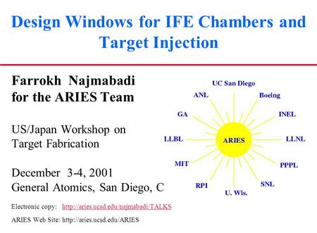 Design Windows for IFE Chambers and Target Injection Farrokh Najmabadi for the ARIES Team US/Japan Workshop on Target Fabrication December 3-4, 2001 General.