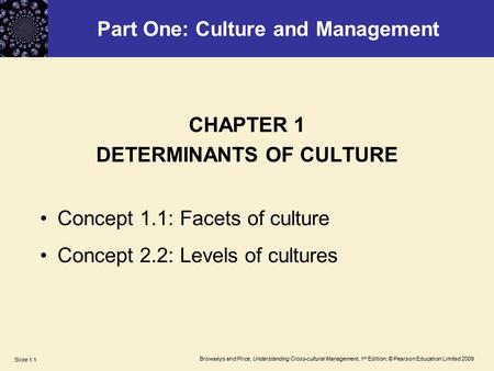 Browaeys and Price, Understanding Cross-cultural Management, 1 st Edition, © Pearson Education Limited 2009 Slide 1.1 Part One: Culture and Management.