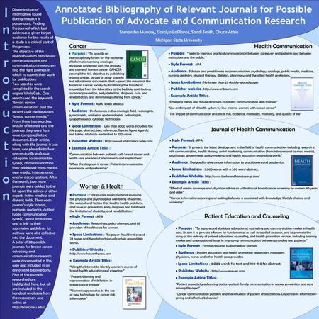 Annotated Bibliography of Relevant Journals for Possible Publication of Advocate and Communication Research Samantha Munday, Carolyn LaPlante, Sandi Smith,