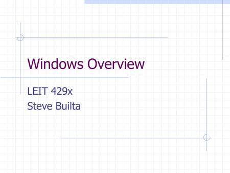 Windows Overview LEIT 429x Steve Builta. Where we are going… Overview of operating Systems Overview of Windows 9x Take and Edit digital Photos.