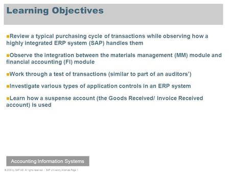 © 2009 by SAP AG. All rights reserved. / SAP University Alliances Page 1 Learning Objectives Review a typical purchasing cycle of transactions while observing.