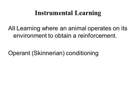 Instrumental Learning All Learning where an animal operates on its environment to obtain a reinforcement. Operant (Skinnerian) conditioning.