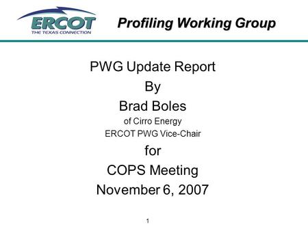 Profiling Working Group 1 PWG Update Report By Brad Boles of Cirro Energy ERCOT PWG Vice-Chair for COPS Meeting November 6, 2007.