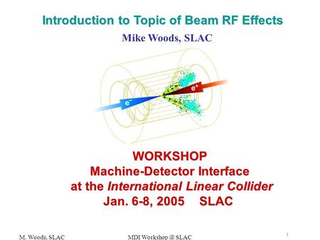 1 M. Woods, SLACMDI SLAC WORKSHOP Machine-Detector Interface at the International Linear Collider Jan. 6-8, 2005SLAC Introduction to Topic of.