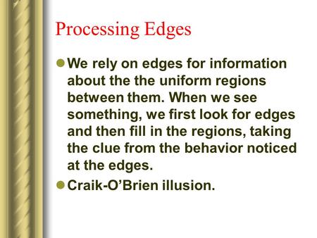 Processing Edges We rely on edges for information about the the uniform regions between them. When we see something, we first look for edges and then fill.