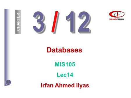 11 3 / 12 CHAPTER Databases MIS105 Lec14 Irfan Ahmed Ilyas.