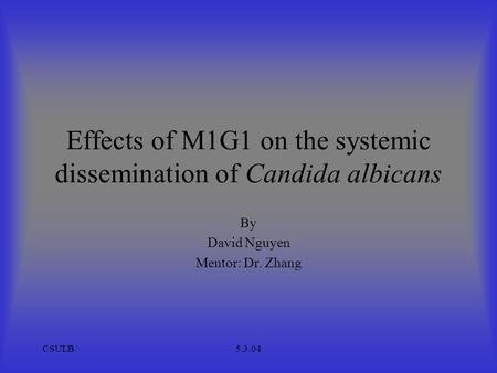 CSULB5.3.04 Effects of M1G1 on the systemic dissemination of Candida albicans By David Nguyen Mentor: Dr. Zhang.