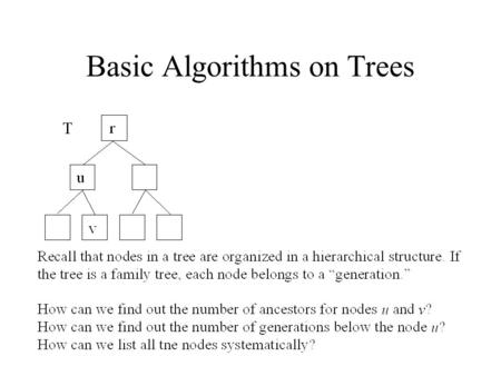 Basic Algorithms on Trees. If the node v is the root, then the depth of the node v is 0. Otherwise, the depth of the node v is one plus the depth of.