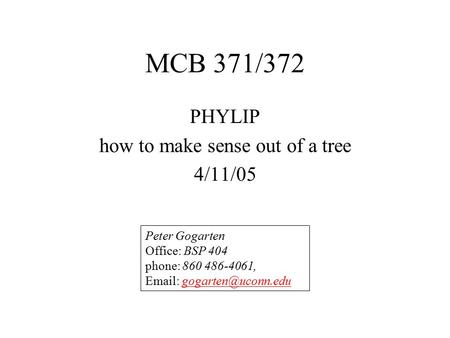 MCB 371/372 PHYLIP how to make sense out of a tree 4/11/05 Peter Gogarten Office: BSP 404 phone: 860 486-4061,