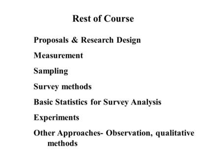 Rest of Course Proposals & Research Design Measurement Sampling Survey methods Basic Statistics for Survey Analysis Experiments Other Approaches- Observation,