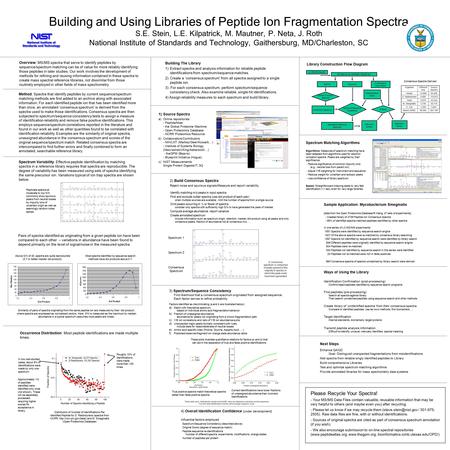 Building and Using Libraries of Peptide Ion Fragmentation Spectra S.E. Stein, L.E. Kilpatrick, M. Mautner, P. Neta, J. Roth National Institute of Standards.