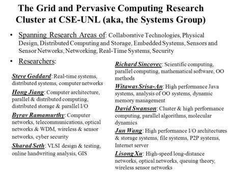 The Grid and Pervasive Computing Research Cluster at CSE-UNL (aka, the Systems Group) Spanning Research Areas of : Collaborative Technologies, Physical.
