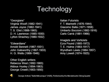 Technology George Antheil, “Ballet Mécanique” (1926), Performed by the Mendelssohn String Quartet “Georgians” Virginia Woolf (1882-1941) James Joyce (1882-1941)