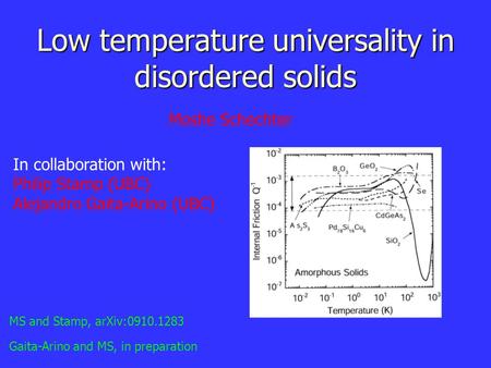Low temperature universality in disordered solids In collaboration with: Philip Stamp (UBC) Alejandro Gaita-Arino (UBC) Moshe Schechter Gaita-Arino and.