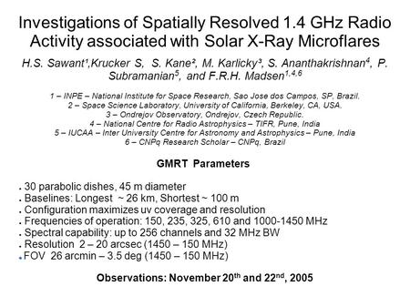 Investigations of Spatially Resolved 1.4 GHz Radio Activity associated with Solar X-Ray Microflares H.S. Sawant¹,Krucker S, S. Kane², M. Karlicky³, S.