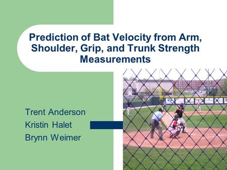 Prediction of Bat Velocity from Arm, Shoulder, Grip, and Trunk Strength Measurements Trent Anderson Kristin Halet Brynn Weimer.