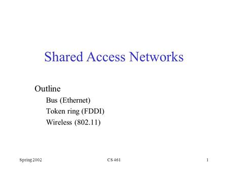 Spring 2002CS 4611 Shared Access Networks Outline Bus (Ethernet) Token ring (FDDI) Wireless (802.11)