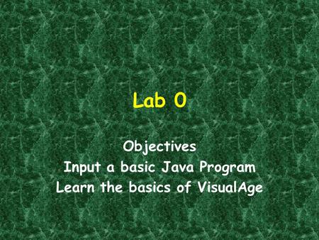 Lab 0 Objectives Input a basic Java Program Learn the basics of VisualAge.