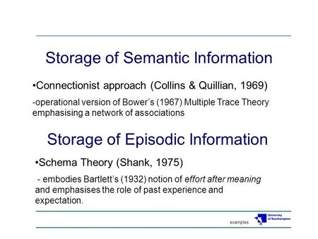 Storage of Semantic Information Connectionist approach (Collins & Quillian, 1969) -operational version of Bower’s (1967) Multiple Trace Theory emphasising.