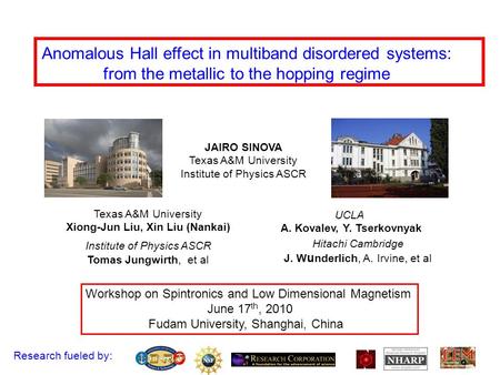 Anomalous Hall effect in multiband disordered systems: from the metallic to the hopping regime Workshop on Spintronics and Low Dimensional Magnetism June.