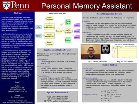 Fig. 2 – Test results Personal Memory Assistant Facial Recognition System The facial identification system is divided into the following two components:
