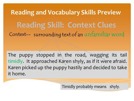Reading and Vocabulary Skills Preview Context-- surrounding text of an unfamiliar word The puppy stopped in the road, wagging its tail timidly. It approached.