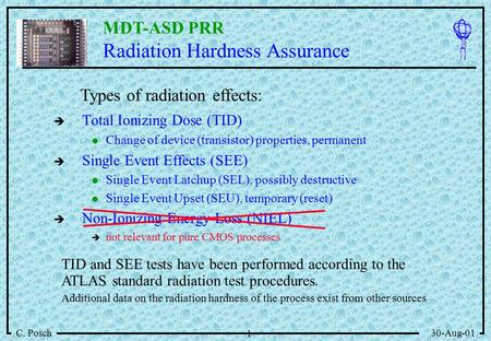 MDT-ASD PRR C. Posch30-Aug-01 1 Radiation Hardness Assurance   Total Ionizing Dose (TID) Change of device (transistor) properties, permanent   Single.