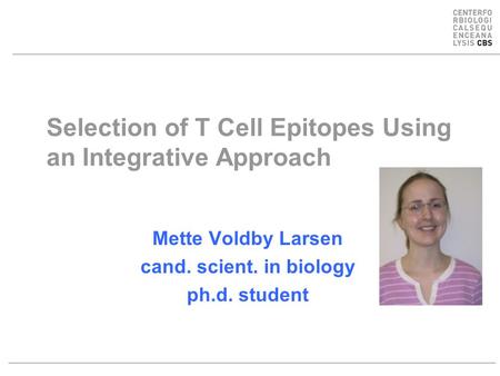 Selection of T Cell Epitopes Using an Integrative Approach Mette Voldby Larsen cand. scient. in biology ph.d. student.