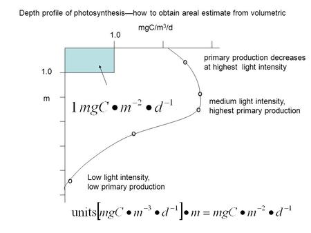 mgC/m3/d 1.0 primary production decreases at highest  light intensity o