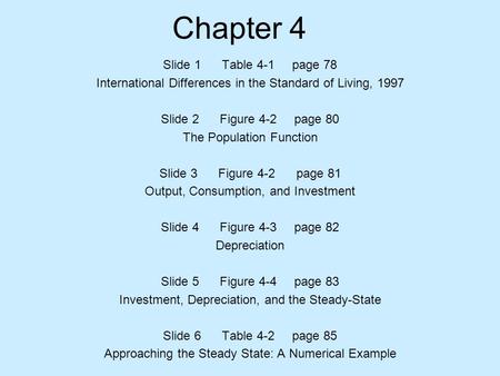 Chapter 4 Slide 1 Table 4-1 page 78 International Differences in the Standard of Living, 1997 Slide 2 Figure 4-2 page 80 The Population Function Slide.