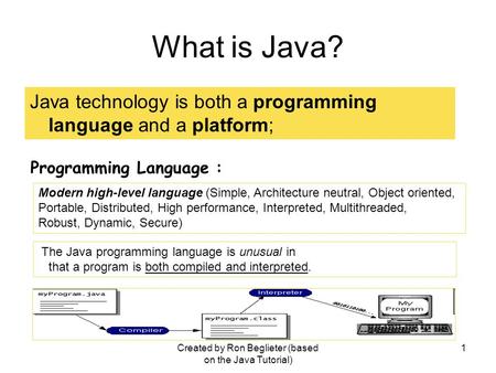 Created by Ron Beglieter (based on the Java Tutorial) 1 What is Java? Java technology is both a programming language and a platform; Programming Language.