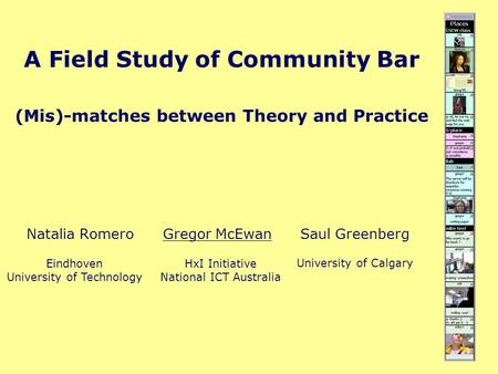 A Field Study of Community Bar (Mis)-matches between Theory and Practice Natalia Romero Gregor McEwan Saul Greenberg Eindhoven University of Technology.