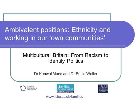 Ambivalent positions: Ethnicity and working in our ‘own communities’ Multicultural Britain: From Racism to Identity Politics Dr Kanwal Mand and Dr Susie.