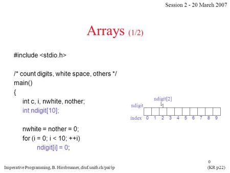 0 Arrays (1/2) #include /* count digits, white space, others */ main() { int c, i, nwhite, nother; int ndigit[10]; nwhite = nother = 0; for (i = 0; i 