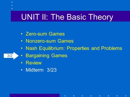 UNIT II: The Basic Theory Zero-sum Games Nonzero-sum Games Nash Equilibrium: Properties and Problems Bargaining Games Review Midterm3/23 3/2.