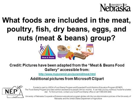 What foods are included in the meat, poultry, fish, dry beans, eggs, and nuts (meat & beans) group? Credit: Pictures have been adapted from the “Meat &