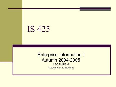 IS 425 Enterprise Information I Autumn 2004-2005 LECTURE 6  2004 Norma Sutcliffe.