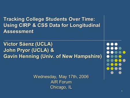 1 Tracking College Students Over Time: Using CIRP & CSS Data for Longitudinal Assessment Victor Sáenz (UCLA) John Pryor (UCLA) & Gavin Henning (Univ. of.