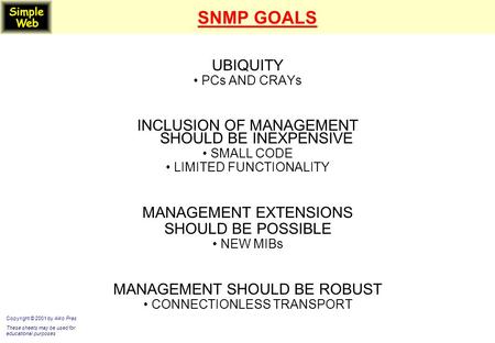 SNMP GOALS UBIQUITY PCs AND CRAYs INCLUSION OF MANAGEMENT SHOULD BE INEXPENSIVE SMALL CODE LIMITED FUNCTIONALITY MANAGEMENT EXTENSIONS SHOULD BE POSSIBLE.