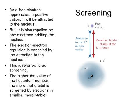 Screening As a free electron approaches a positive cation, it will be attracted to the nucleus. But, it is also repelled by any electrons orbiting the.