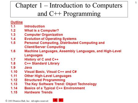  2003 Prentice Hall, Inc. All rights reserved. 1 Chapter 1 – Introduction to Computers and C++ Programming Outline 1.1 Introduction 1.2 What is a Computer?