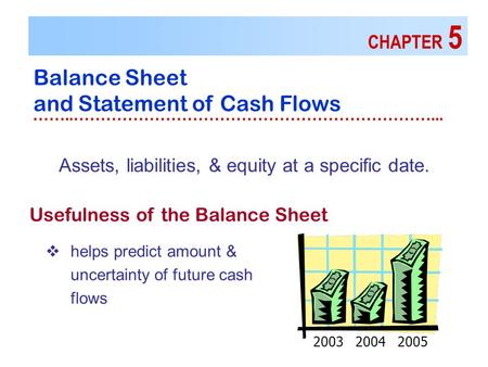 CHAPTER 5 Balance Sheet and Statement of Cash Flows ……..…………………………………………………………... Usefulness of the Balance Sheet Assets, liabilities, & equity at a specific.
