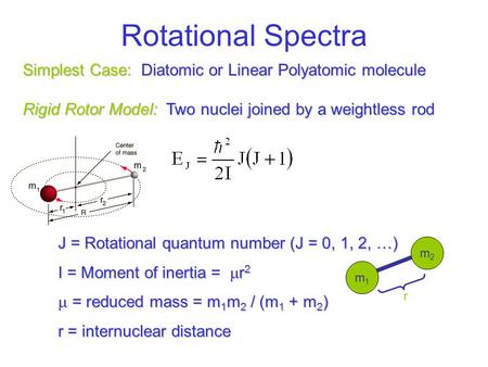 Rotational Spectra Simplest Case: Diatomic or Linear Polyatomic molecule Rigid Rotor Model: Two nuclei joined by a weightless rod J = Rotational quantum.