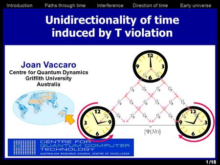 /18 IntroductionPaths through timeInterferenceDirection of timeEarly universe Unidirectionality of time induced by T violation Joan Vaccaro Centre for.
