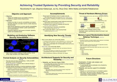 Achieving Trusted Systems by Providing Security and Reliability Ravishankar K. Iyer, Zbigniew Kalbarczyk, Jun Xu, Shuo Chen, Nithin Nakka and Karthik Pattabiraman.