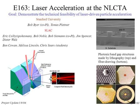 Project Update 5/9/06 E. Colby, E163 E163: Laser Acceleration at the NLCTA Goal: Demonstrate the technical feasibility of laser-driven particle acceleration.